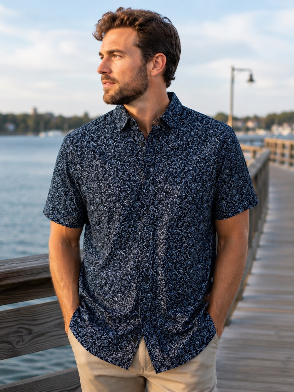 Consequence Men’s Medium Navy Blue Paisley Short Sleeve Button-Up Shirt